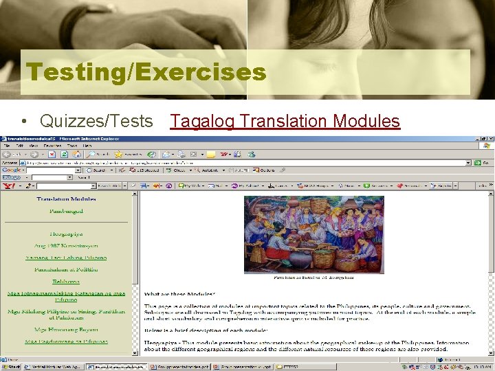 Testing/Exercises • Quizzes/Tests Tagalog Translation Modules 