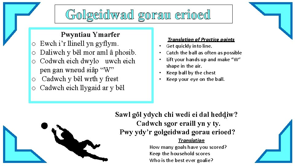 Golgeidwad gorau erioed o o • • • Translation of Practice points Get quickly