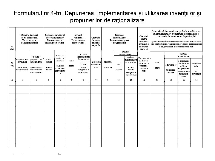 Formularul nr. 4 -tn. Depunerea, implementarea şi utilizarea invenţiilor şi propunerilor de raţionalizare 