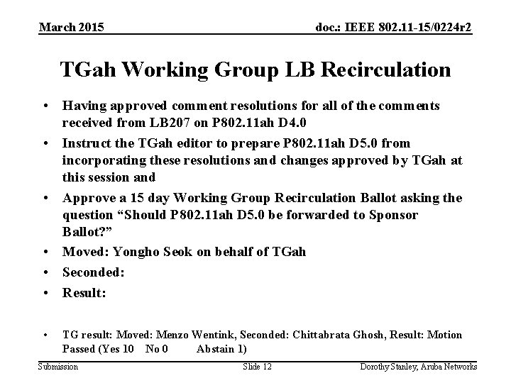 March 2015 doc. : IEEE 802. 11 -15/0224 r 2 TGah Working Group LB