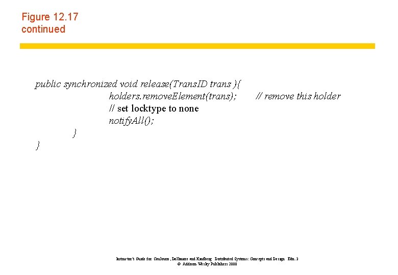 Figure 12. 17 continued public synchronized void release(Trans. ID trans ){ holders. remove. Element(trans);