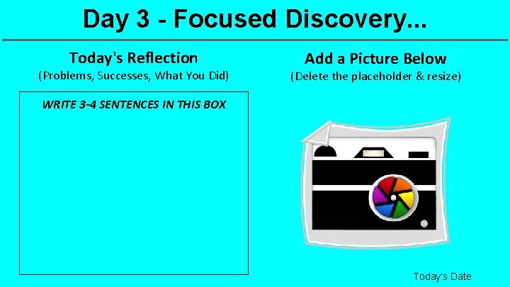 Day 3 - Focused Discovery. . . Today's Reflection (Problems, Successes, What You Did)