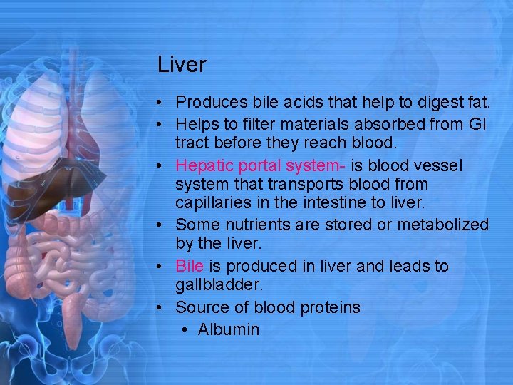 Liver • Produces bile acids that help to digest fat. • Helps to filter