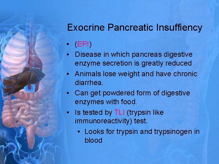 Exocrine Pancreatic Insuffiency • (EPI) • Disease in which pancreas digestive enzyme secretion is
