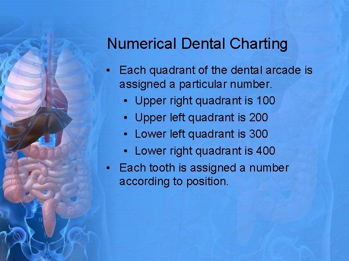 Numerical Dental Charting • Each quadrant of the dental arcade is assigned a particular