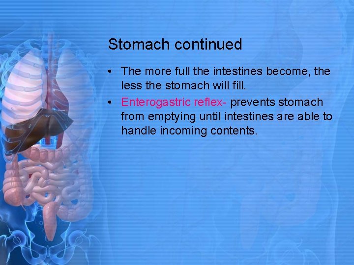 Stomach continued • The more full the intestines become, the less the stomach will