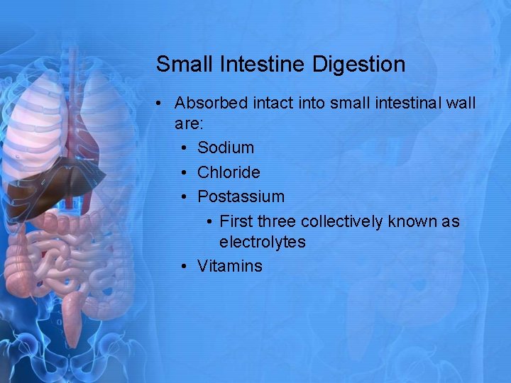 Small Intestine Digestion • Absorbed intact into small intestinal wall are: • Sodium •