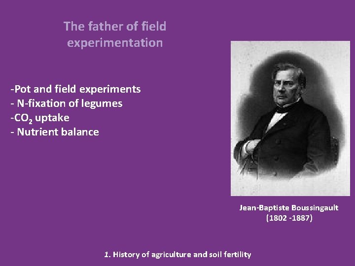 The father of field experimentation -Pot and field experiments - N-fixation of legumes -CO