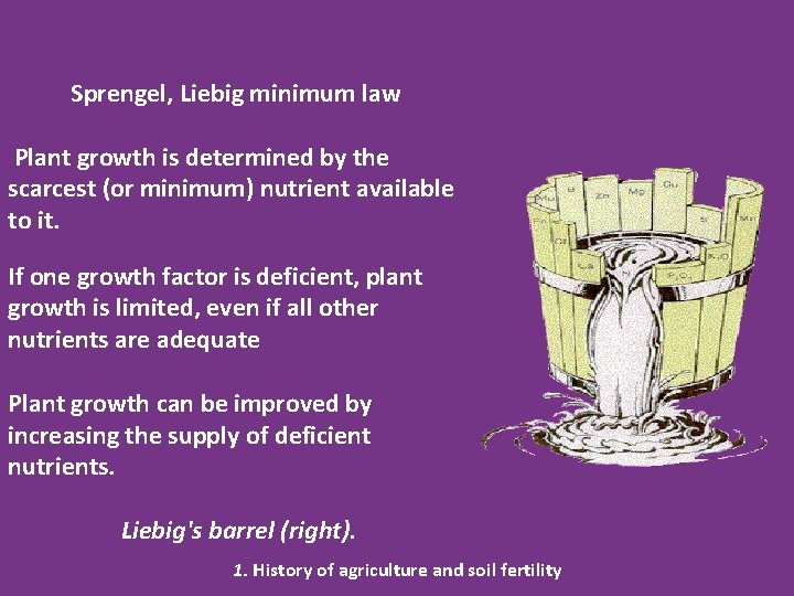 Sprengel, Liebig minimum law Plant growth is determined by the scarcest (or minimum) nutrient