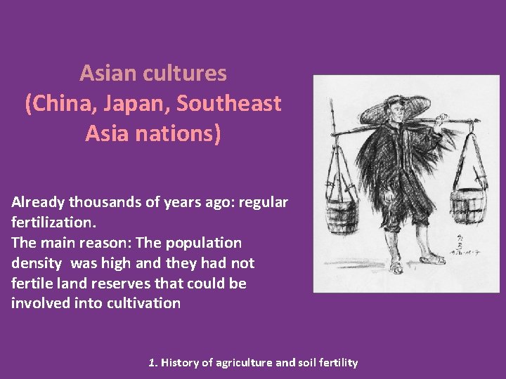 Asian cultures (China, Japan, Southeast Asia nations) Already thousands of years ago: regular fertilization.