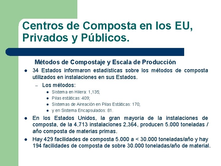 Centros de Composta en los EU, Privados y Públicos. Métodos de Compostaje y Escala