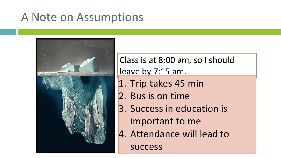 A Note on Assumptions Class is at 8: 00 am, so I should leave