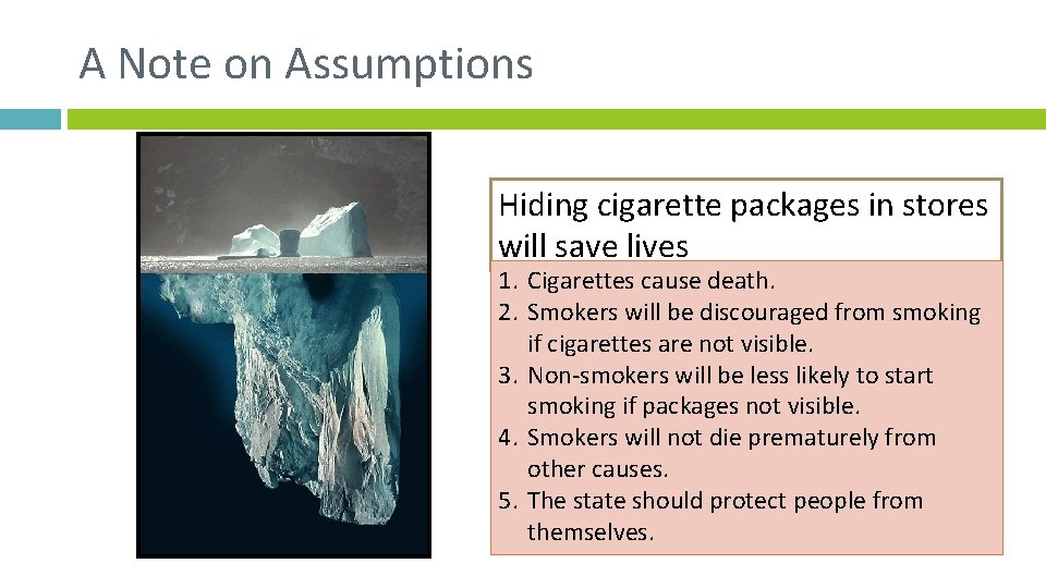 A Note on Assumptions Hiding cigarette packages in stores will save lives 1. Cigarettes