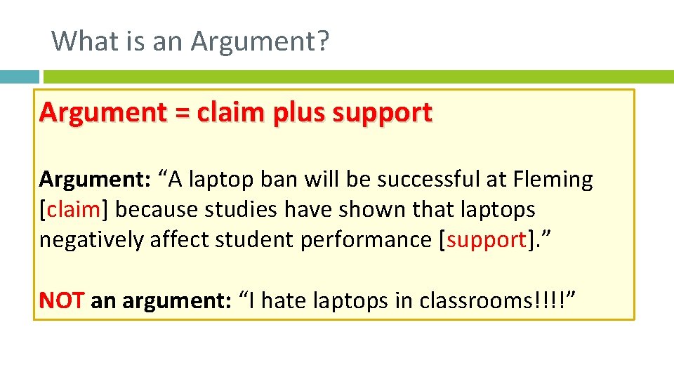 What is an Argument? Argument = claim plus support Argument: “A laptop ban will