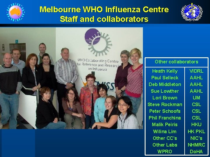 Melbourne WHO Influenza Centre Staff and collaborators Other collaborators Heath Kelly Paul Selleck Deb