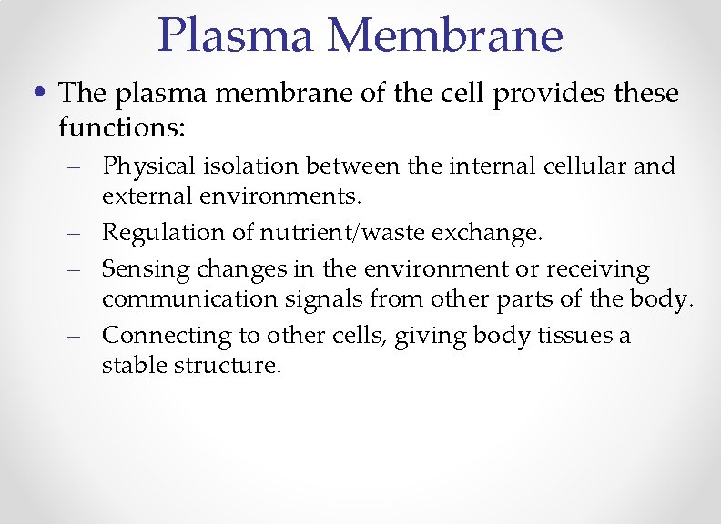 Plasma Membrane • The plasma membrane of the cell provides these functions: – Physical