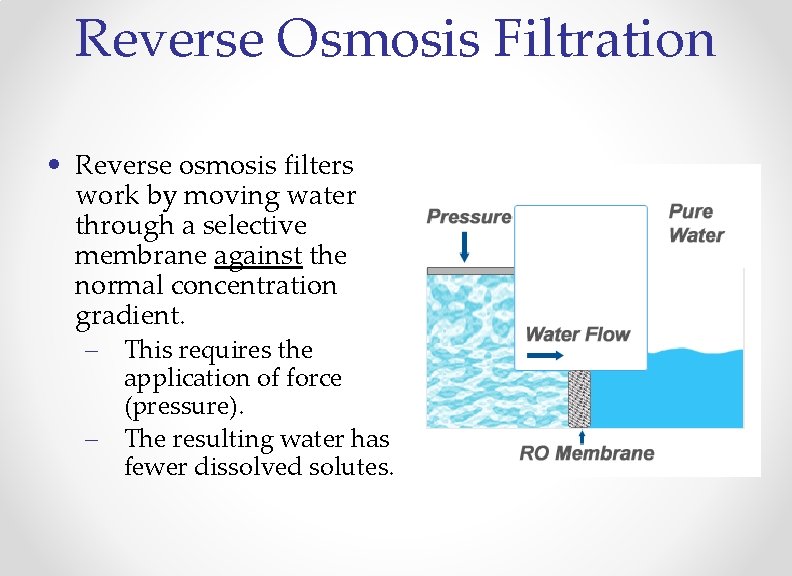 Reverse Osmosis Filtration • Reverse osmosis filters work by moving water through a selective