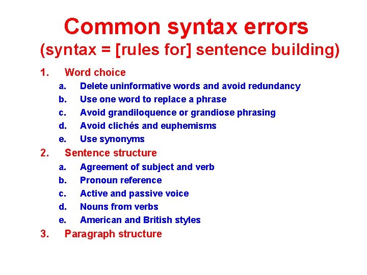 Common syntax errors (syntax = [rules for] sentence building) 1. Word choice a. b.