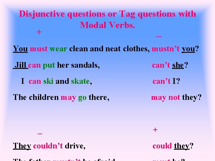 Disjunctive questions or Tag questions with Modal Verbs. + _ You must wear clean