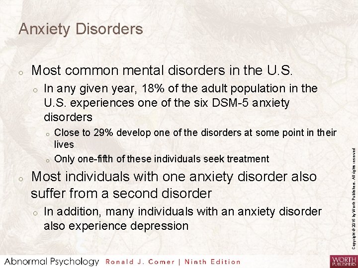 Anxiety Disorders Most common mental disorders in the U. S. o In any given