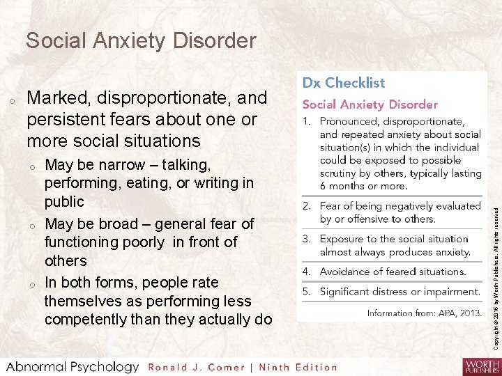 Social Anxiety Disorder Marked, disproportionate, and persistent fears about one or more social situations