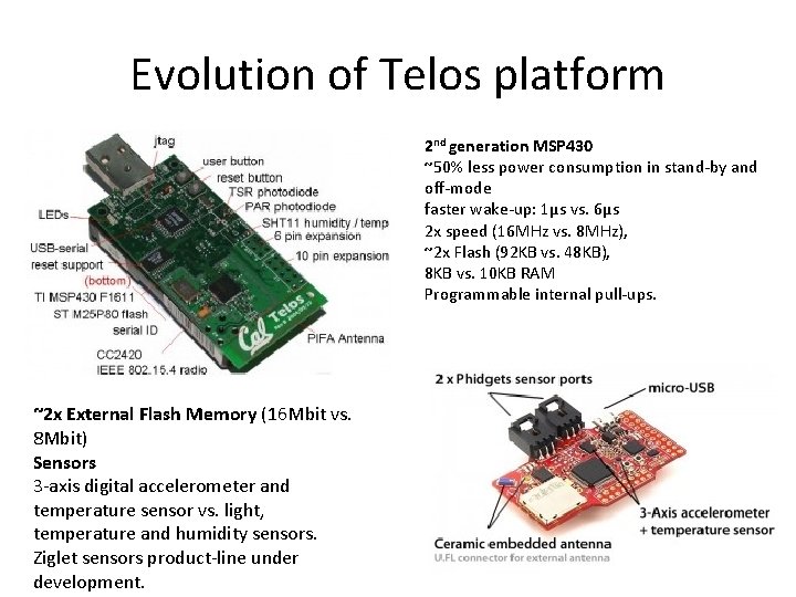 Evolution of Telos platform 2 nd generation MSP 430 ~50% less power consumption in