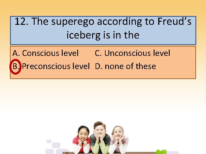 12. The superego according to Freud’s iceberg is in the A. Conscious level C.