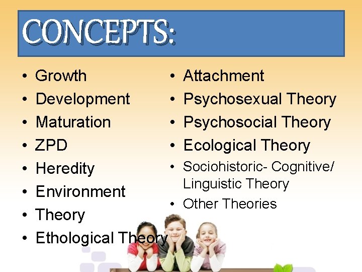 CONCEPTS: • • Growth • Development • Maturation • ZPD • • Heredity Environment