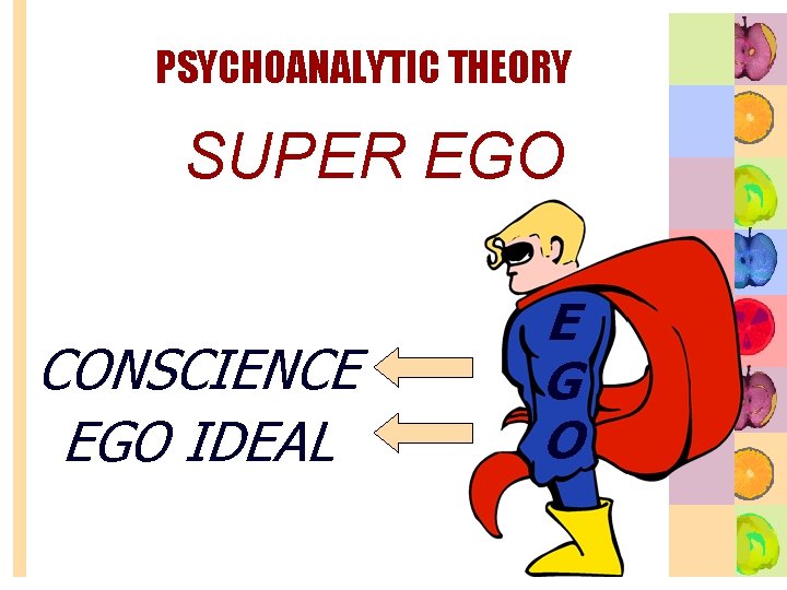 PSYCHOANALYTIC THEORY SUPER EGO CONSCIENCE EGO IDEAL E G O 