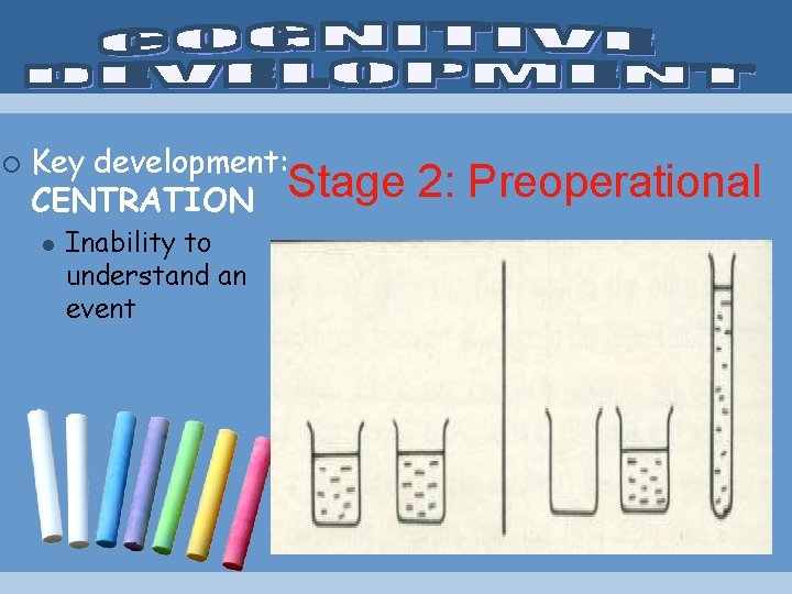 ¡ Key development: CENTRATION Stage l Inability to understand an event 2: Preoperational 