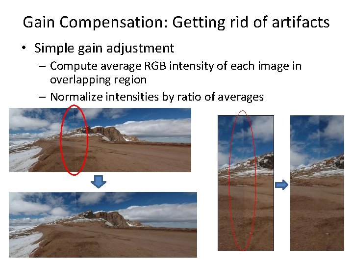 Gain Compensation: Getting rid of artifacts • Simple gain adjustment – Compute average RGB