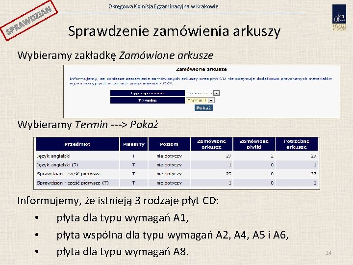 N ZIA SP WD A R Okręgowa Komisja Egzaminacyjna w Krakowie Sprawdzenie zamówienia arkuszy