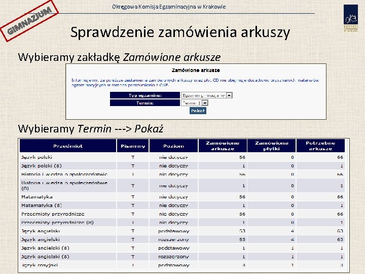 JUM GI AZ N M Okręgowa Komisja Egzaminacyjna w Krakowie Sprawdzenie zamówienia arkuszy Wybieramy