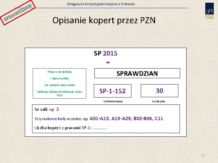 Okręgowa Komisja Egzaminacyjna w Krakowie N ZIA SP WD A R Opisanie kopert przez