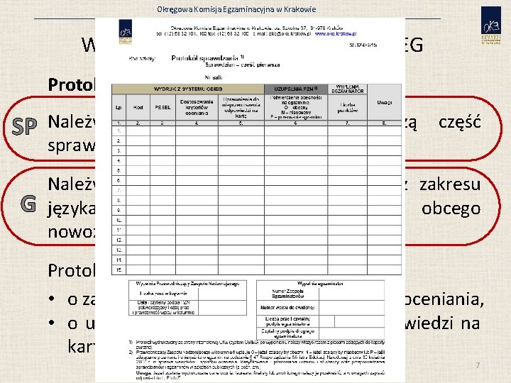 Okręgowa Komisja Egzaminacyjna w Krakowie Wydruki i protokoły z systemu OBIEG Protokół sprawdzania SP