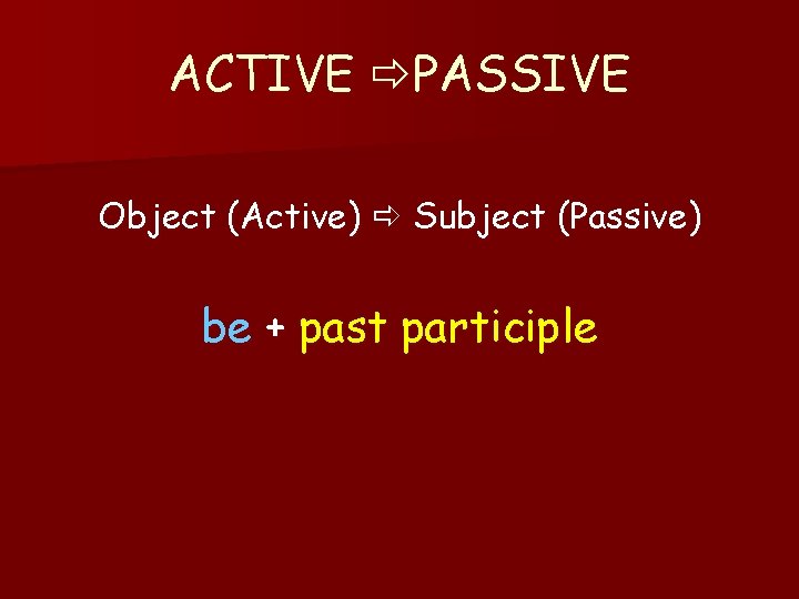 ACTIVE PASSIVE Object (Active) Subject (Passive) be + past participle 