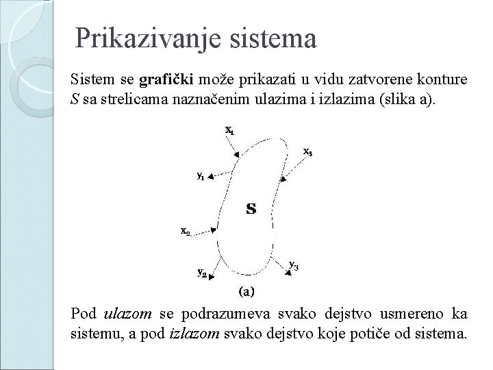 Prikazivanje sistema Sistem se grafički može prikazati u vidu zatvorene konture S sa strelicama