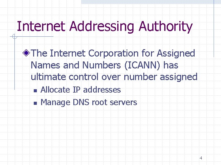 Internet Addressing Authority The Internet Corporation for Assigned Names and Numbers (ICANN) has ultimate