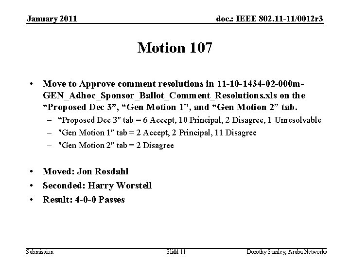 January 2011 doc. : IEEE 802. 11 -11/0012 r 3 Motion 107 • Move