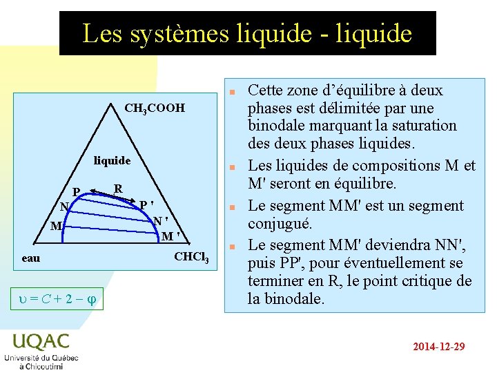 Les systèmes liquide - liquide n CH 3 COOH liquide P N M eau Les systèmes liquide - liquide n CH 3 COOH liquide P N M eau