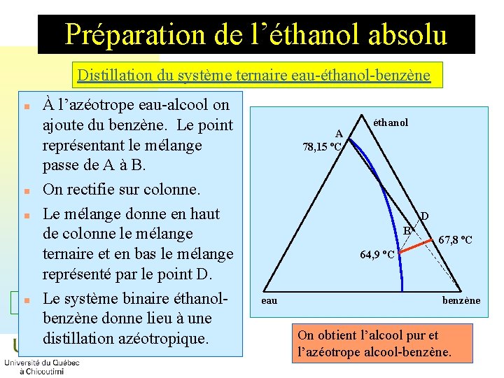 Préparation de l’éthanol absolu Distillation du système ternaire eau-éthanol-benzène À l’azéotrope eau-alcool on ajoute Préparation de l’éthanol absolu Distillation du système ternaire eau-éthanol-benzène À l’azéotrope eau-alcool on ajoute
