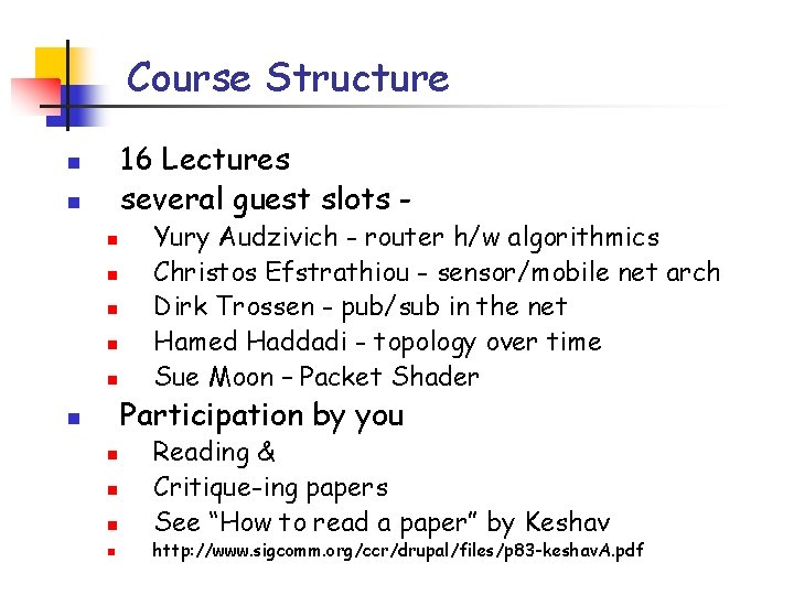 Course Structure 16 Lectures several guest slots - n n n n Yury Audzivich