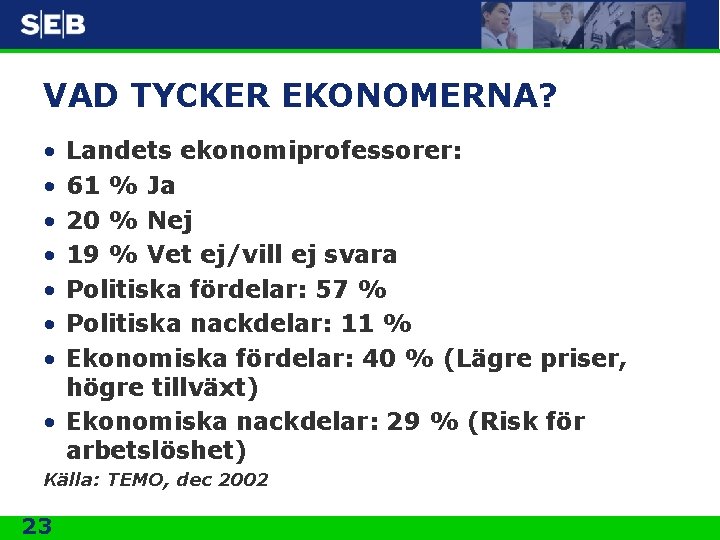 VAD TYCKER EKONOMERNA? • • Landets ekonomiprofessorer: 61 % Ja 20 % Nej 19