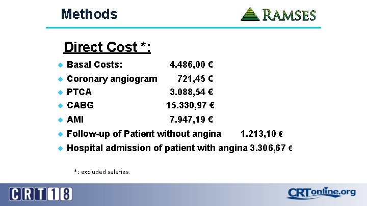 Methods Direct Cost *: ¨ Basal Costs: 4. 486, 00 € ¨ Coronary angiogram