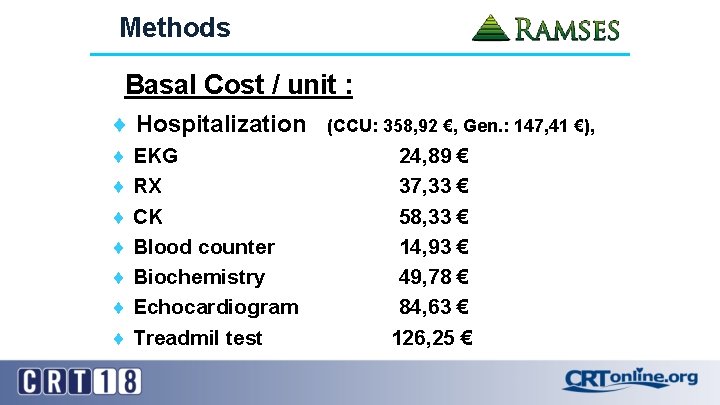 Methods Basal Cost / unit : ¨ Hospitalization ¨ EKG ¨ RX ¨ CK