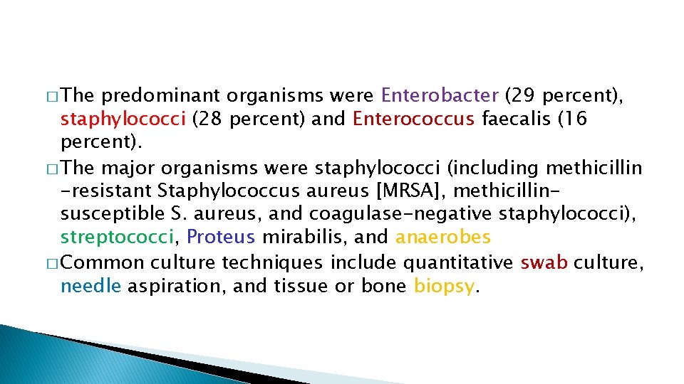 � The predominant organisms were Enterobacter (29 percent), staphylococci (28 percent) and Enterococcus faecalis