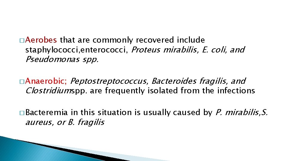 � Aerobes that are commonly recovered include staphylococci, enterococci, Proteus mirabilis, E. coli, and