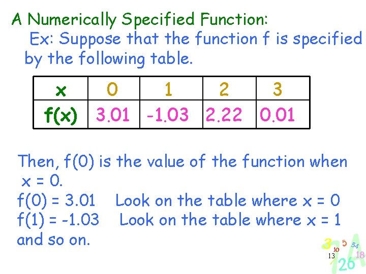 A Numerically Specified Function: Ex: Suppose that the function f is specified by the