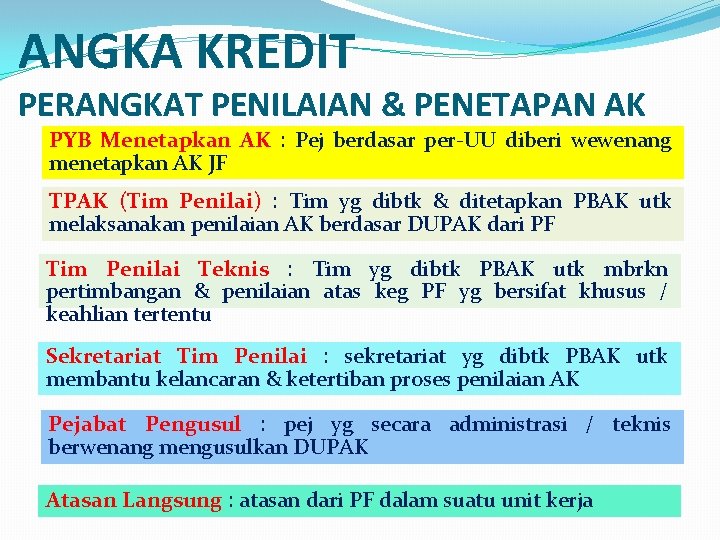 ANGKA KREDIT PERANGKAT PENILAIAN & PENETAPAN AK PYB Menetapkan AK : Pej berdasar per-UU