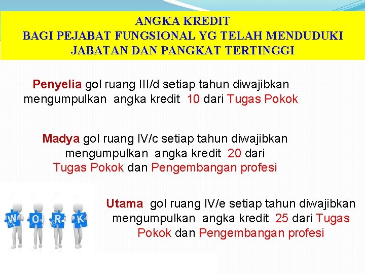 ANGKA KREDIT BAGI PEJABAT FUNGSIONAL YG TELAH MENDUDUKI JABATAN DAN PANGKAT TERTINGGI Penyelia gol